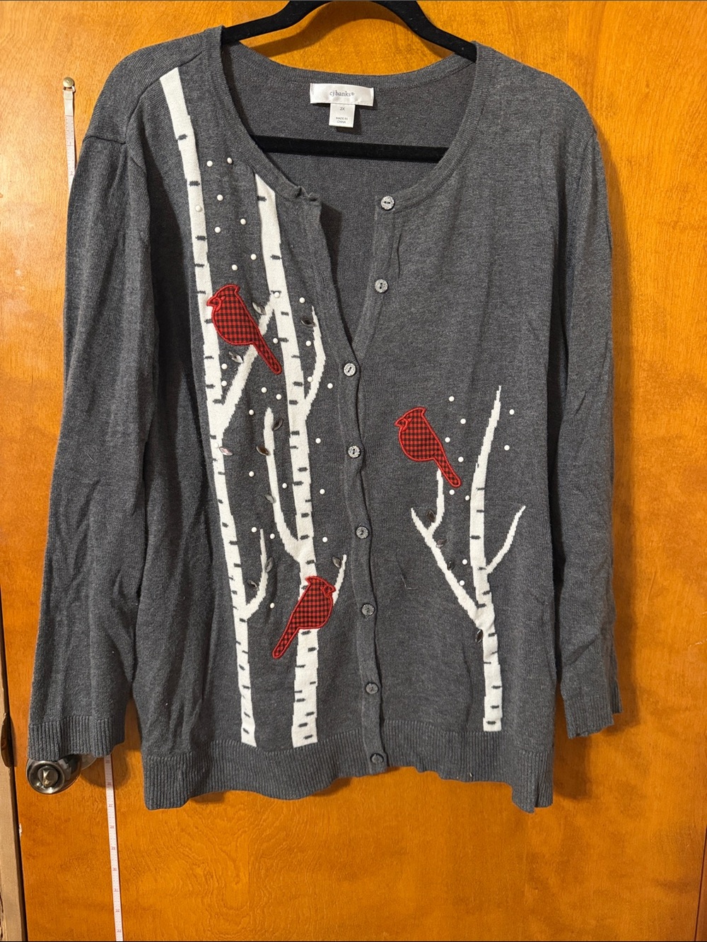 CJ Banks Gray Cardigan with Red Cardinal Appliqués